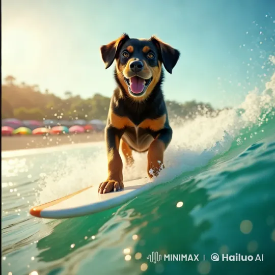 Dog Surfing: Energetic 360-Degree Beach Adventure – AI Generated Video | Hailuo AI