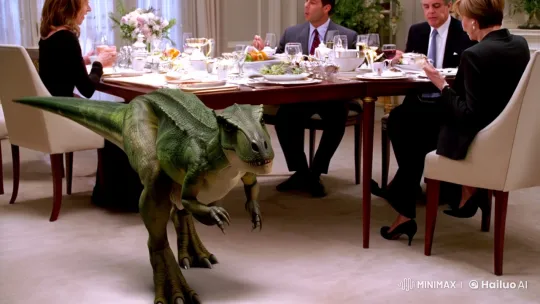 Dinosaur Intrudes on Elegant Dining Scene – AI Generated Video | Hailuo AI