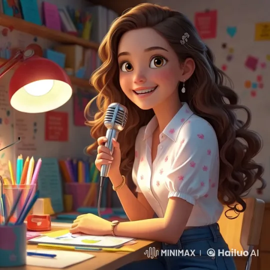 Young Woman at Creative Desk with Vintage Microphone – AI Generated Video | Hailuo AI