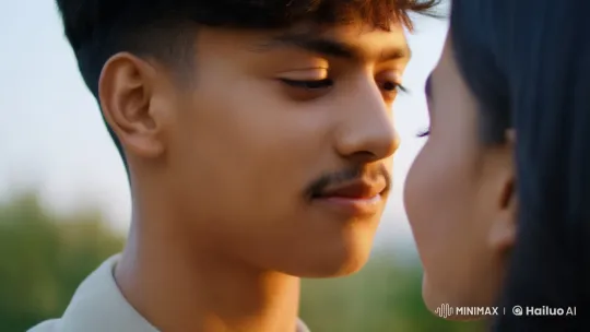 Young Man Gives Tender Kiss in Golden Hour Setting – AI Generated Video | Hailuo AI