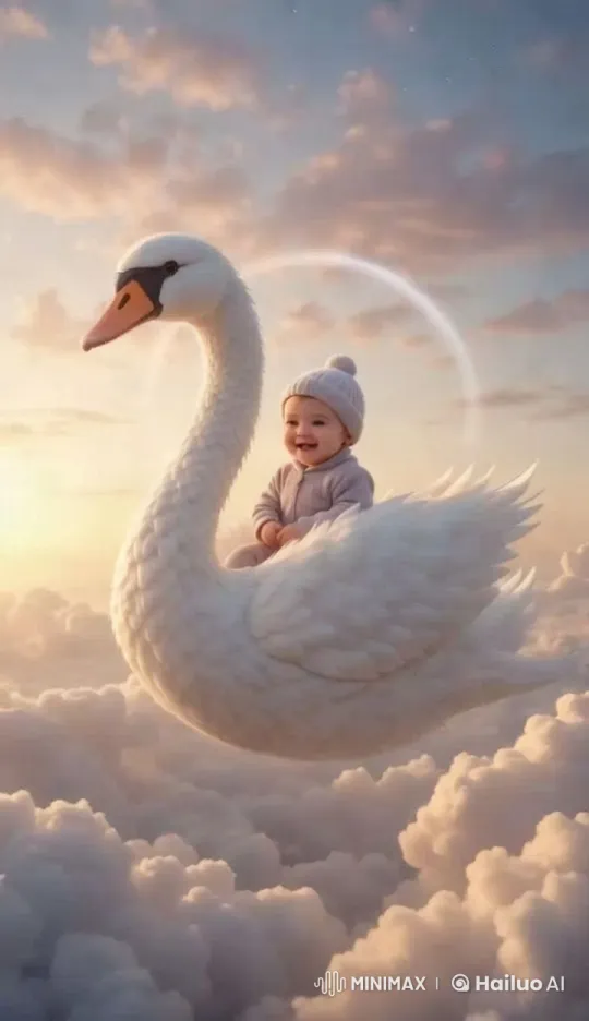 White Swan Carries Child Through Dreamy Sunrise Sky – AI Generated Video | Hailuo AI
