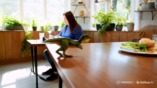 Curious Micro Dinosaur Intrigues Diners at Sunlit Table – AI Generated Video | Hailuo AI