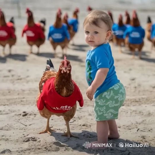 Boy vs. Chicken: Intense Beach Brawl – AI Generated Video | Hailuo AI
