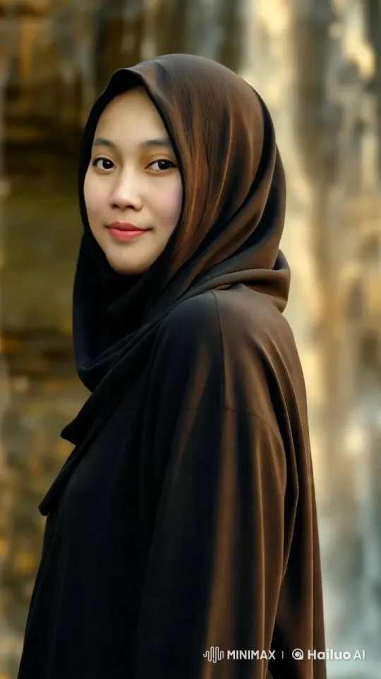 Woman in Black Hijab: Serene Profile with Golden Light Background – AI Generated Video | Hailuo AI