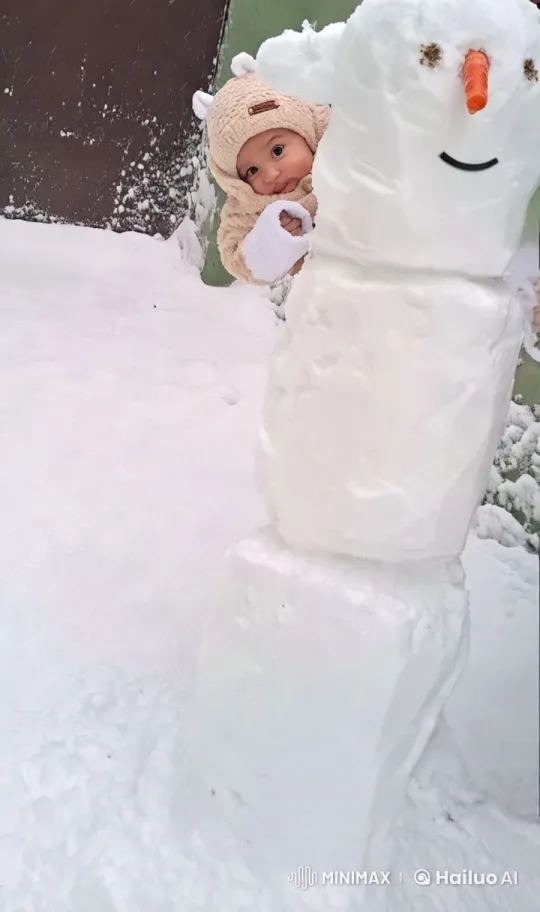 Baby and Snowman Interaction in Winter Wonderland – AI Generated Video | Hailuo AI