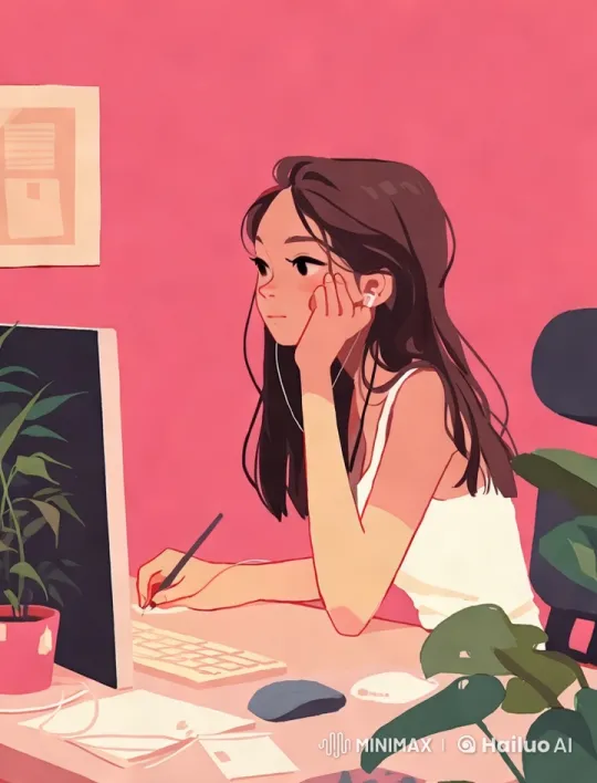 Focused Girl Working at a Desk with Plants and Papers – AI Generated Video | Hailuo AI