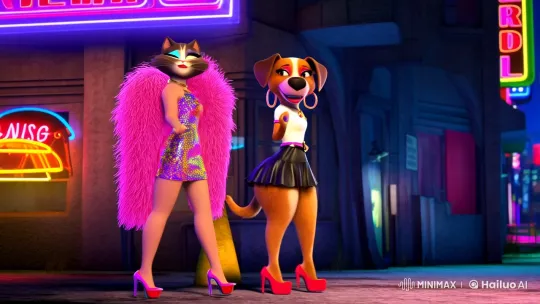 Retro Cat and Dog Strut in Campy City Night Scene – AI Generated Video | Hailuo AI