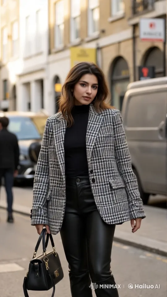 Elegant Woman in Houndstooth Blazer on Urban Street – AI Generated Video | Hailuo AI