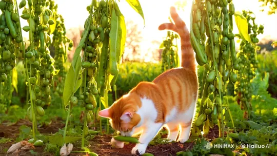Cat Harvests Beans in Sunlit Garden with Grace – AI Generated Video | Hailuo AI