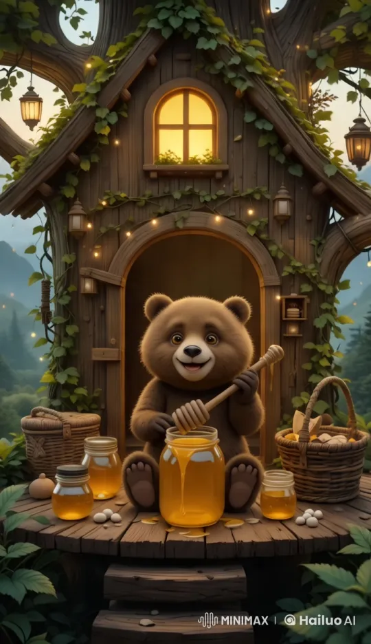 Bear Enjoying Honey in a Magical Treehouse Setting – AI Generated Video | Hailuo AI
