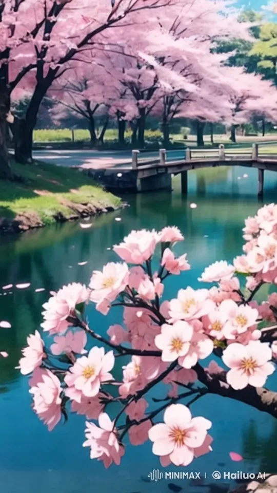 Cherry Blossoms and Serene Pond Landscape – AI Generated Video | Hailuo AI