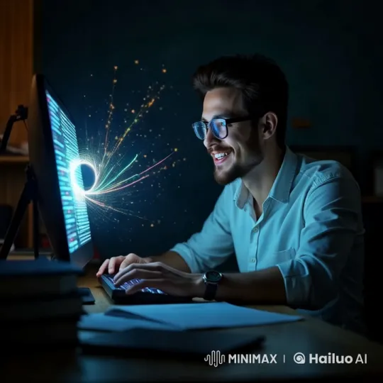 Programmer Enters Digital Vortex in Dimly Lit Room – AI Generated Video | Hailuo AI