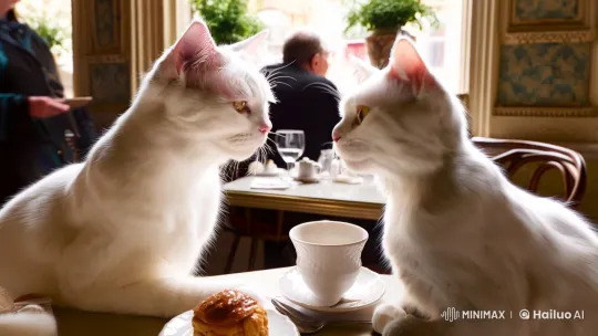 Feline Family Enjoying Coffee in Vintage Cafe – AI Generated Video | Hailuo AI