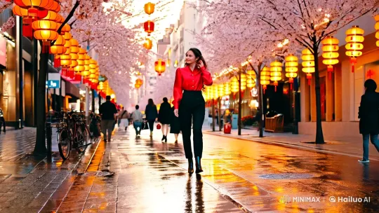 Young Woman Strides Confidently in Lunar New Year-Inspired Fashion – AI Generated Video | Hailuo AI