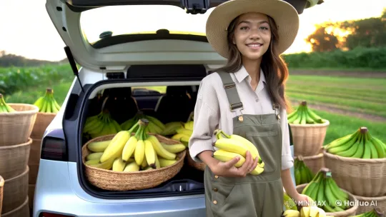 Thai Woman Showcases Harvest Beside Modern EV in 8K Serenity – AI Generated Video | Hailuo AI