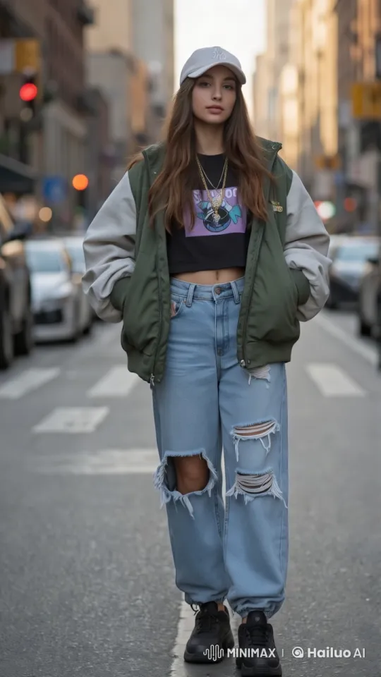 Urban Fashion Walk: Young Woman in Streetwear at Golden Hour – AI Generated Video | Hailuo AI