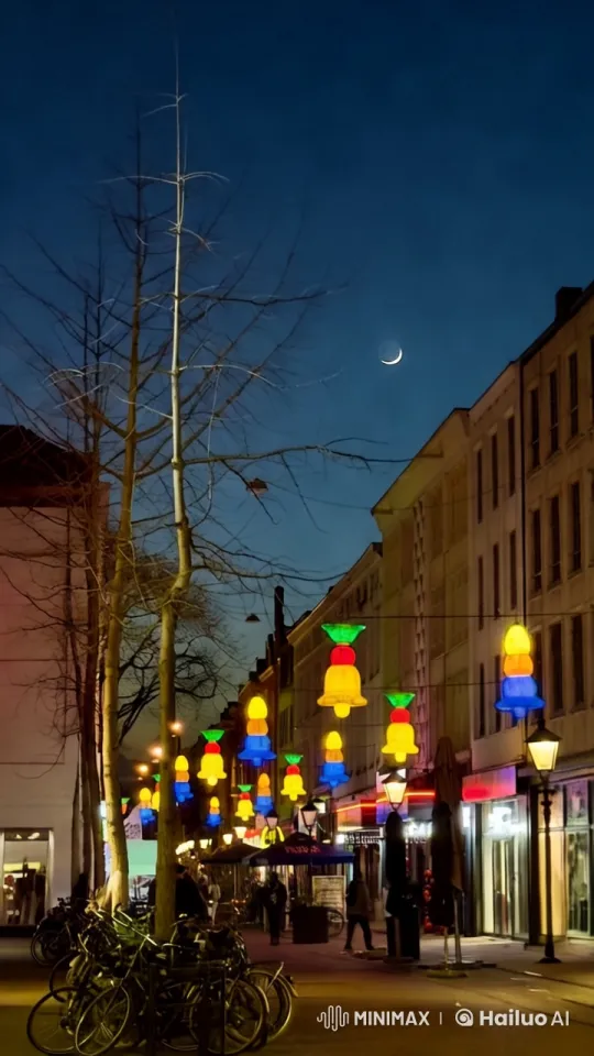 Crescent Moon Illuminates Festive Street Scene – AI Generated Video | Hailuo AI