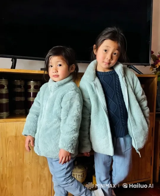 Cozy Indoor Scene with Two Children in Blue Jackets – AI Generated Video | Hailuo AI