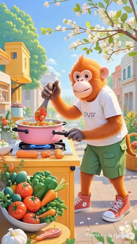 Ginger Monkey Joyfully Cooks in Spring Cityscape – AI Generated Video | Hailuo AI