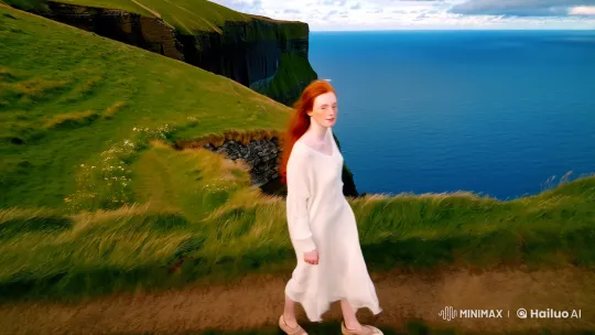 Young Woman Strolls Cliffside in Ireland's Majestic Landscape – AI Generated Video | Hailuo AI