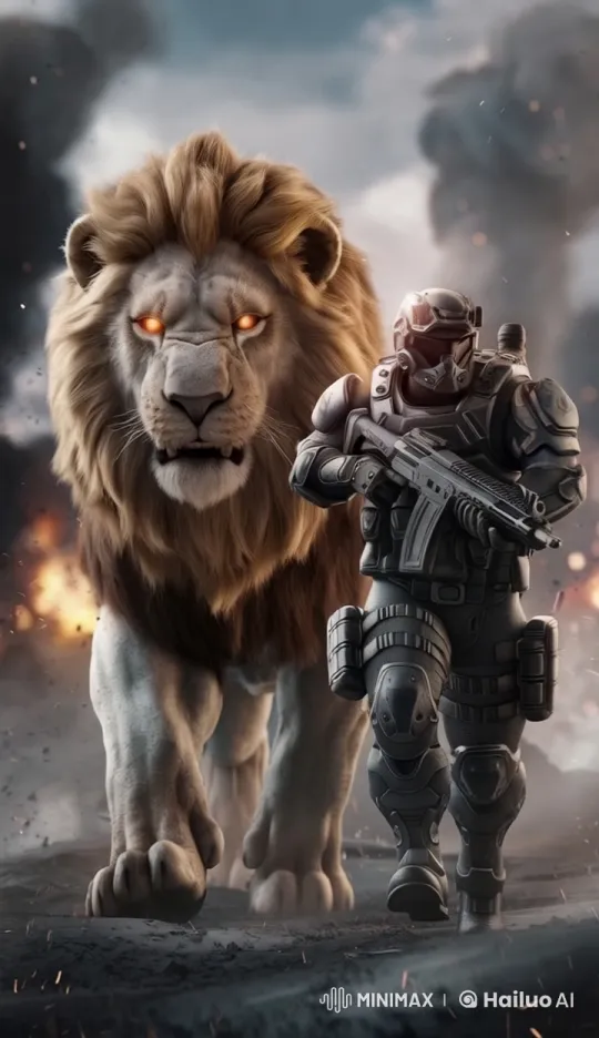 Lion and Soldier Advance on Chaotic Battlefield – AI Generated Video | Hailuo AI