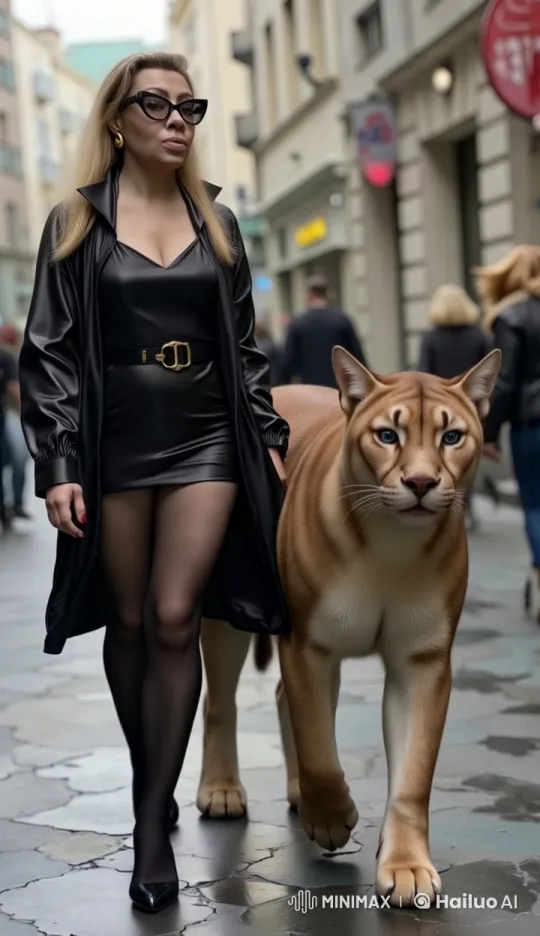 Stylish Woman Walks with Majestic Big Cat in City – AI Generated Video | Hailuo AI