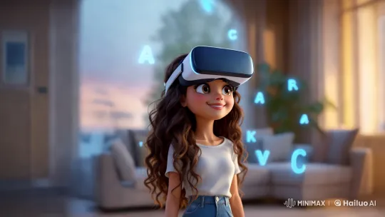 Young Girl Explores VR in a Cozy, Futuristic Living Room – AI Generated Video | Hailuo AI