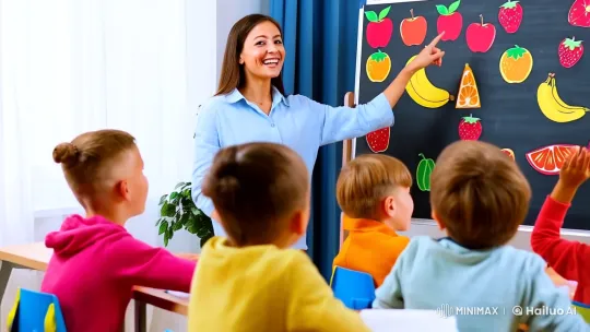 Energetic English Teacher Engages Students in Fruit Lesson – AI Generated Video | Hailuo AI
