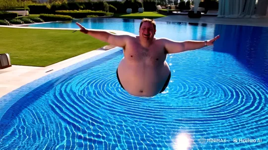 Luxurious Poolside: Man's Joyful Leap and Splash – AI Generated Video | Hailuo AI