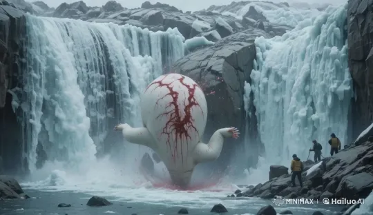 Colossal Creature Emerges from Icy Waterfall – AI Generated Video | Hailuo AI