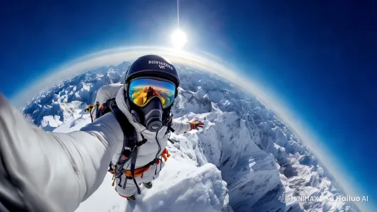 Triumphant Mountaineer Captures Peak Selfie Amidst Majestic Mountains – AI Generated Video | Hailuo AI