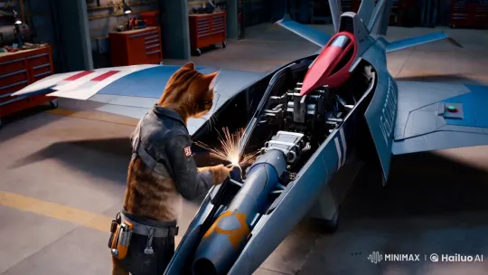 Anthropomorphic Cat Repairs Futuristic Mecha in Aesthetic Clip – AI Generated Video | Hailuo AI