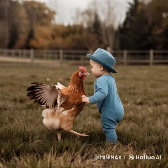 Child Interacts with Flapping Chicken in Autumnal Field – AI Generated Video | Hailuo AI