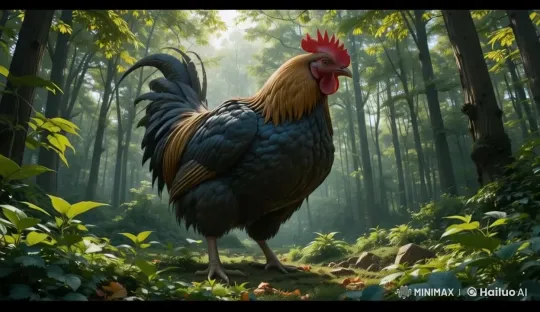 Sunlit Forest: Majestic Rooster Amidst Nature's Beauty – AI Generated Video | Hailuo AI