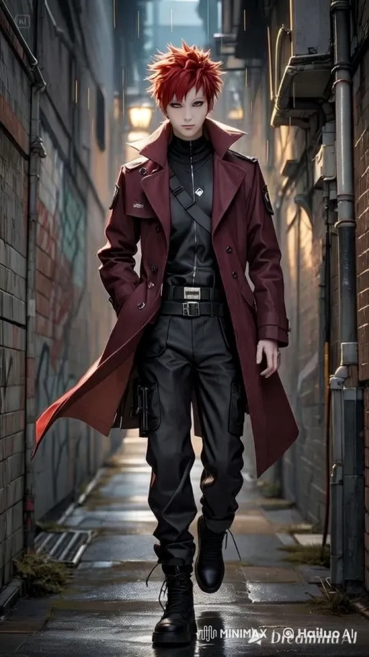 Red-Haired Character Strides Through Gritty Alley – AI Generated Video | Hailuo AI