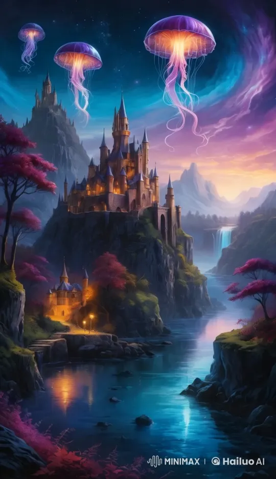 Majestic Castle Scene with Dragon and Bioluminescent Jellyfish – AI Generated Video | Hailuo AI