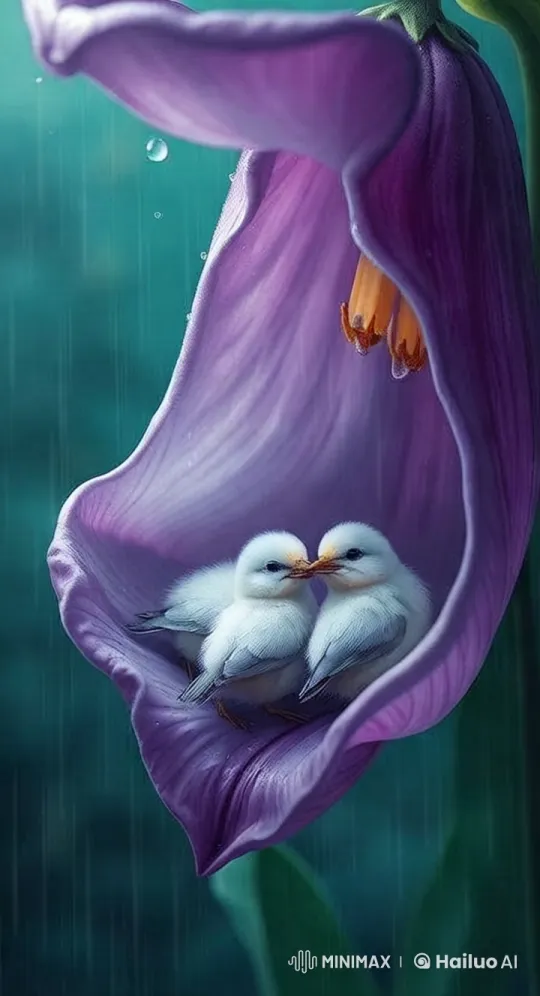 Rainy Sanctuary: Birds Shelter in a Purple Flower – AI Generated Video | Hailuo AI