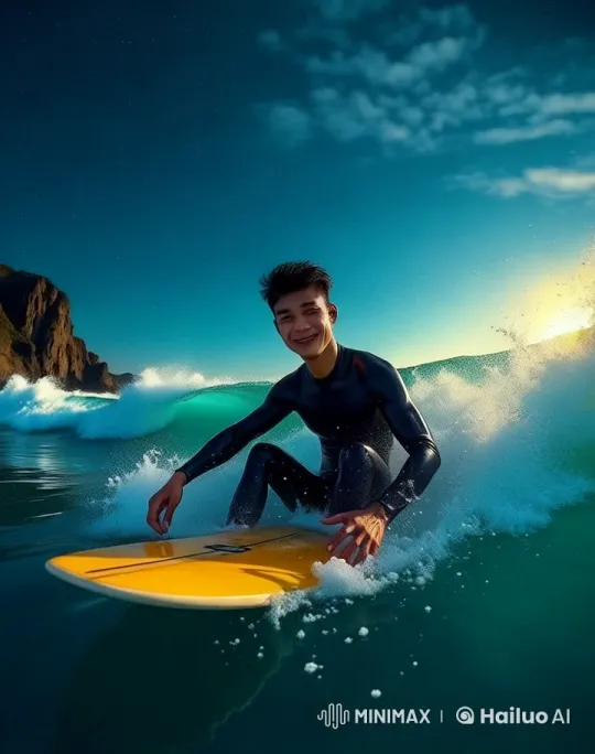 Live2D Surfing Adventure: Joyful Ride on Majestic Waves – AI Generated Video | Hailuo AI