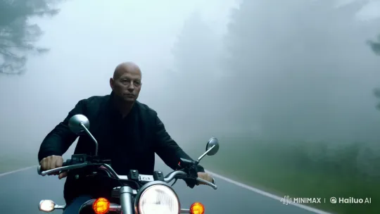 Motorcyclist Navigates Mysterious Foggy Forest Road – AI Generated Video | Hailuo AI