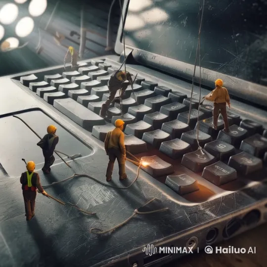 Miniature Construction Workers on a Laptop Keyboard – AI Generated Video | Hailuo AI