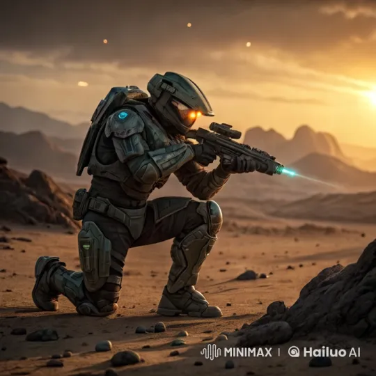 Futuristic Warrior Kneels in Desert, Firing Laser Gun – AI Generated Video | Hailuo AI