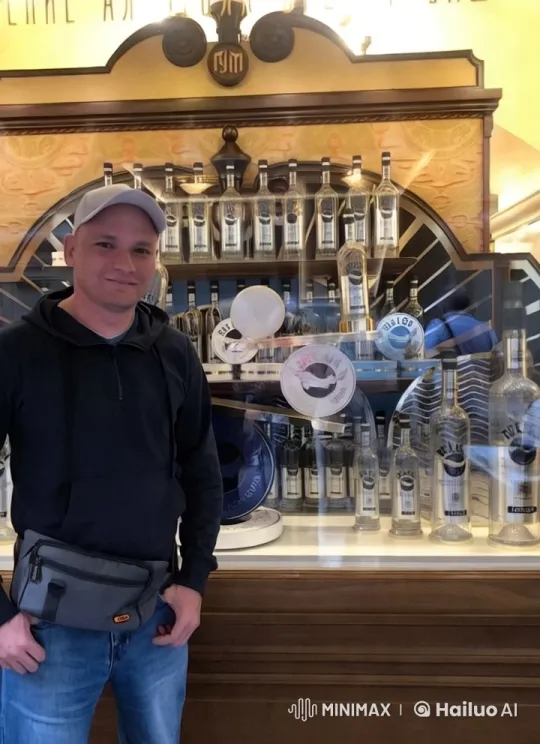 Man Sings by Vodka Display in Calm, Inviting Scene – AI Generated Video | Hailuo AI