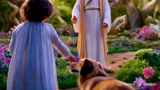 Innocence in Eden: Child and Dog Meet Serene Figure – AI Generated Video | Hailuo AI