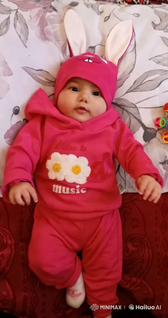 Baby in Pink Bunny Outfit on Floral Pillow – AI Generated Video | Hailuo AI