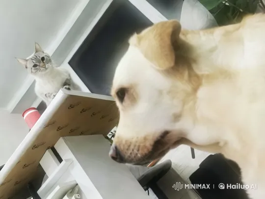 Cat and Dog's Graceful Interaction in Modern Living Room – AI Generated Video | Hailuo AI