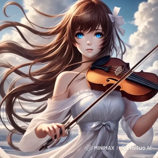 Girl in White Dress Plays Violin with Serene Sky Background – AI Generated Video | Hailuo AI