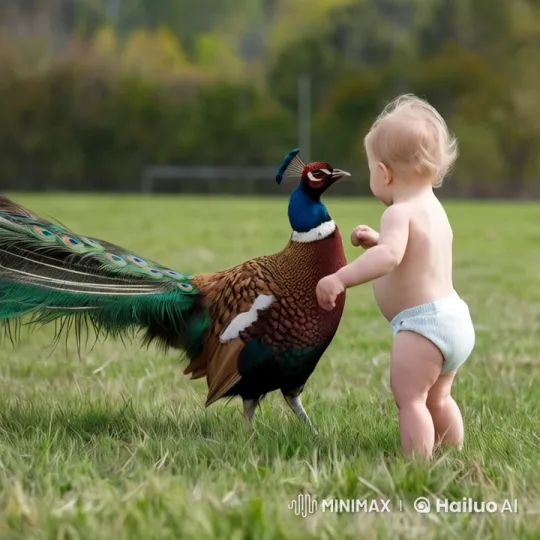 Baby vs. Peacock: Gentle Clash in Serene Field – AI Generated Video | Hailuo AI