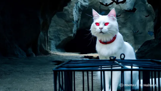Mysterious White Cat Guards Shadowy Cave Entrance – AI Generated Video | Hailuo AI