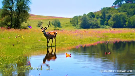 Deer at Reflective Lake Amidst Pastoral Serenity – AI Generated Video | Hailuo AI