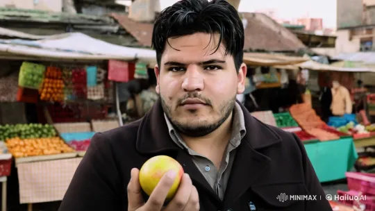 Focused Man in Bustling Outdoor Market, Helps Woman – AI Generated Video | Hailuo AI
